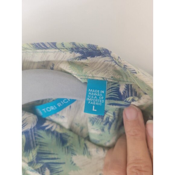 Tori Richard Hawaiian Shirt Mens L Cotton Lawn Tropical Button Up Palms Blue Gre - Picture 6 of 11